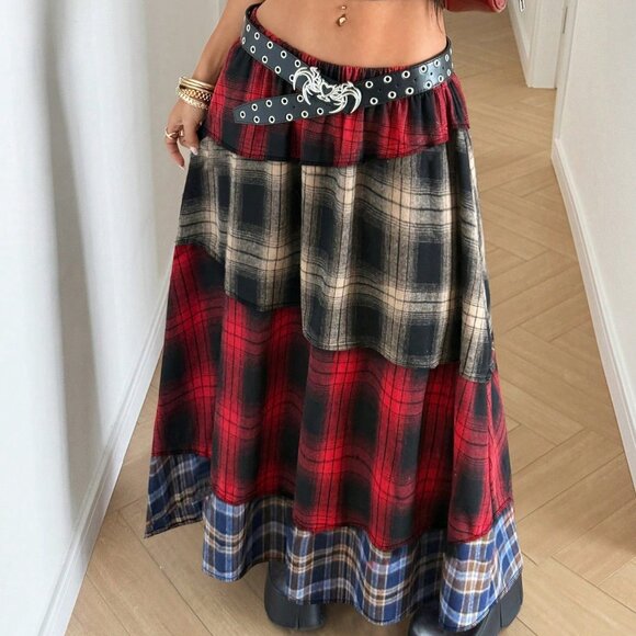 Multicolor Casual Women's Plaid Patchwork Maxi Skirt - Picture 3 of 6